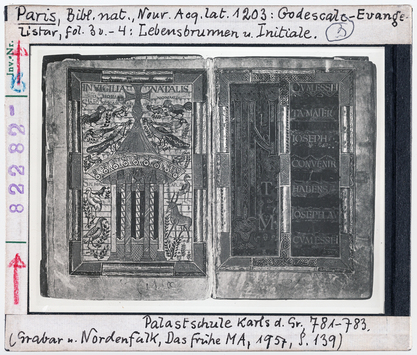 Vorschaubild Paris, Bibliothèque Nationale: Nouv. Acq. lat. 1203 (Godescalc-Evangelistar), fol. 3v und 4r, Lebensbrunnen und Initiale 